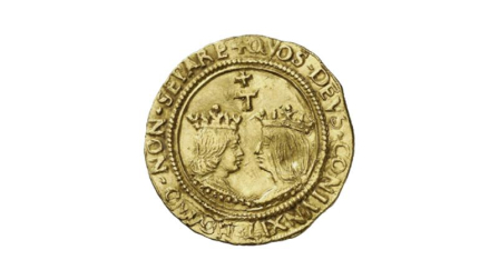 Moneda con los Reyes Católicos en el anverso