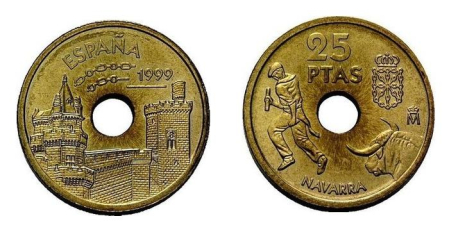 Anverso y reverso de la moneda de 25 pesetas de Navarra