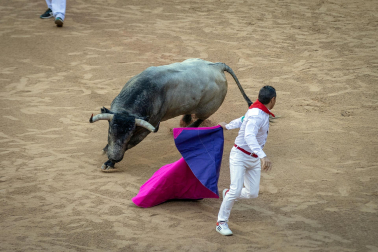 Fotos del sexto encierro de San Fermín con toros de Escolar, llegada a la plaza de toros. |