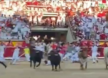 Momento en el que el joven de Bilbao ha sido arrollado por los Fuente Ymbro en la entrada en la plaza de toros