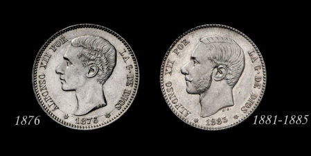 Anversos de las monedas de 1 peseta de Alfonso XII