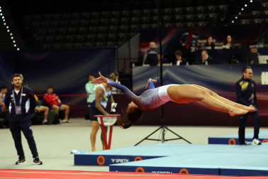 Segunda jornada del Campeonato del Mundo de Gimnasia de Trampolín en Pamplona.
