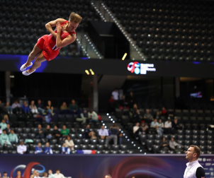 Tercera jornada del Campeonato del Mundo de Gimnasia de Trampolín en Pamplona.