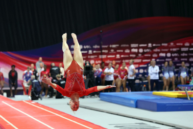 Tercera jornada del Campeonato del Mundo de Gimnasia de Trampolín en Pamplona.