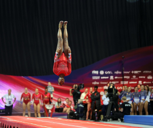 Tercera jornada del Campeonato del Mundo de Gimnasia de Trampolín en Pamplona.