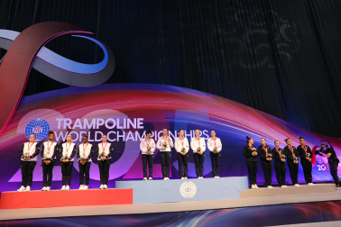 Tercera jornada del Campeonato del Mundo de Gimnasia de Trampolín en Pamplona.