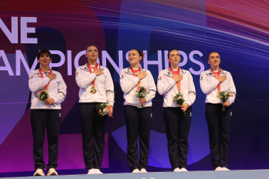 Tercera jornada del Campeonato del Mundo de Gimnasia de Trampolín en Pamplona.