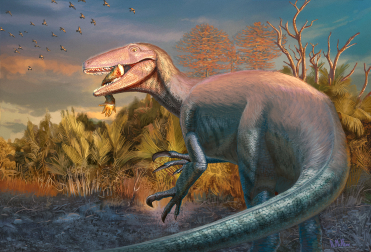 Una recreación del Joaquinraptor Casali, con el brazo de un cocodrilo entre los dientes