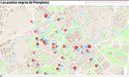 Plano de Pamplona con la localización y el número de accidentes por calles