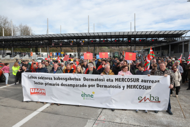 Alrededor de 300 agricultores y ganaderos de toda Navarra se han desplazado este jueves 15 de enero hasta Irún para sumarse a la protesta convocada por las organizaciones UAGN, ENHE Confederal y ENBA contra el acuerdo con Mercosur. Ha sido junto al puesto fronterizo de Biriatou, a donde también han acudido 30 tractores de Semilla y Belarra y varios cientos más de agricultores y ganaderos del País Vasco y Francia.