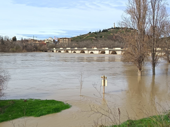 Crecida del Ebro en Tudela, este 15 de febrero por la mañana.
