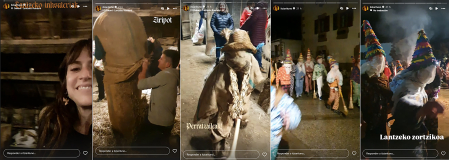 Varias capturas del Instagram de la actriz Itziar Ituño mostrando la preparación de Ziripot y el desfile de los txatxos y Miel Otxin en los Carnavales de Lantz