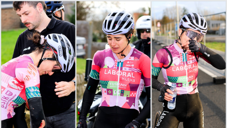 Idoia Eraso, tras la caída sufrida en la Omloop.