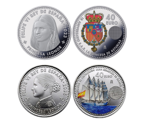 En la parte superior, la moneda con la princesa Leonor acuñada en 2023. Debajo, la de 2025