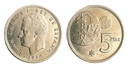 Anverso y reverso de la moneda de 5 pesetas acuñada con motivo del Mundial '82
