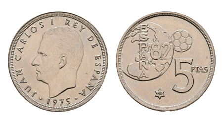 Moneda con error, que muestra bajo el busto del rey el año '1975'