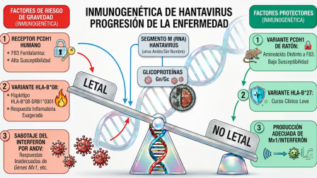 Representación del equilibrio inmunogenético que controla la respuesta inmunitaria frente al hantavirus Andes, que determina el nivel de gravedad de la enfermedad