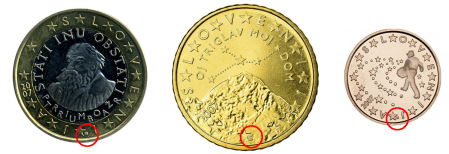 Monedas de 1 euro, 50 y 5 céntimos con la marca de la ceca finlandesa rodeada en rojo