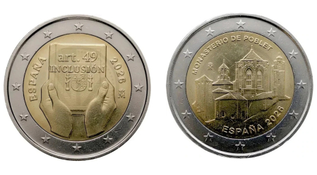Monedas dedicas al Artículo 49 de la Constitución (izda.) y al Monasterio de Poblet (dcha.)