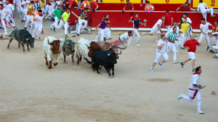 Segundo encierro de San Fermín 2026 con toros de Cebada Gago en la plaza de toros.