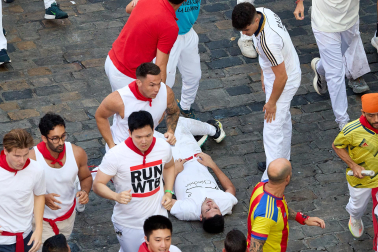 Segundo encierro de San Fermín 2026 con toros de Cebada Gago en Telefónica.