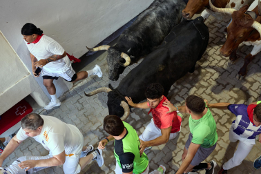 Segundo encierro de San Fermín 2026 con toros de Cebada Gago en el callejón y plaza de toros.
