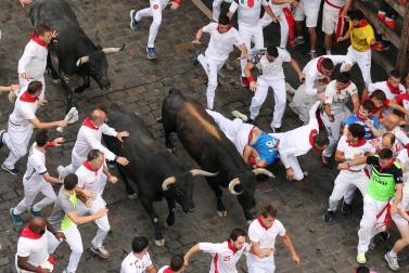 Fotos del séptimo encierro de San Fermín 2026 con toros de Miura en el tramo de Telefónica.