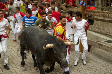 Fotos del séptimo encierro de San Fermín 2026 con toros de Miura en la bajada al callejón.