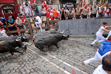 Fotos del séptimo encierro de San Fermín 2026 con toros de Miura en la curva de Mercaderes.
