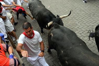 Fotos del séptimo encierro de San Fermín 2026 con toros de Miura en la curva de Telefónica.