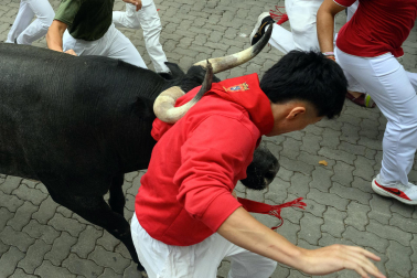 Fotos del séptimo encierro de San Fermín 2026 con toros de Miura en la curva de Telefónica.