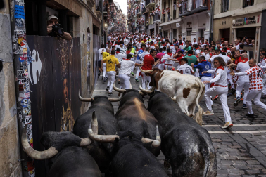 Fotos del séptimo encierro de San Fermín 2026 con toros de Miura en la curva de Mercaderes.