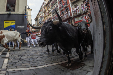 Fotos del séptimo encierro de San Fermín 2026 con toros de Miura en la curva de Mercaderes.