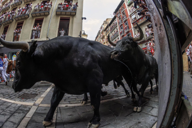 Fotos del séptimo encierro de San Fermín 2026 con toros de Miura en la curva de Mercaderes.