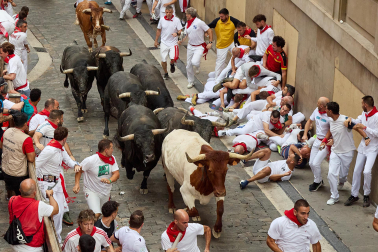 Fotos del séptimo encierro de San Fermín 2026 con toros de Miura en la cuesta de Santo Domingo y plaza del Ayuntamiento.