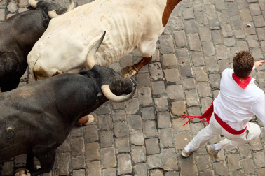Fotos del séptimo encierro de San Fermín 2026 con toros de Miura en la cuesta de Santo Domingo y plaza del Ayuntamiento.