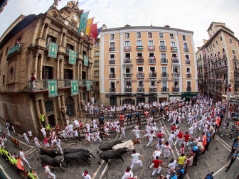 Fotos del séptimo encierro de San Fermín 2026 con toros de Miura en la cuesta de Santo Domingo y plaza del Ayuntamiento.