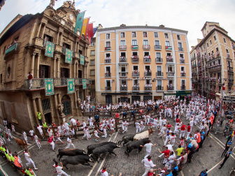 Fotos del séptimo encierro de San Fermín 2026 con toros de Miura en la cuesta de Santo Domingo y plaza del Ayuntamiento.