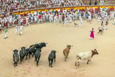 Fotos del séptimo encierro de San Fermín 2026 con toros de Miura en la plaza de toros.