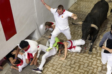Fotos del séptimo encierro de San Fermín 2026 con toros de Miura en el callejón y plaza de toros.