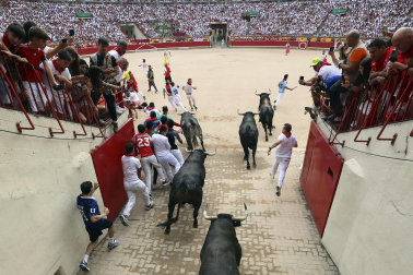 Fotos del séptimo encierro de San Fermín 2026 con toros de Miura en el callejón y plaza de toros.