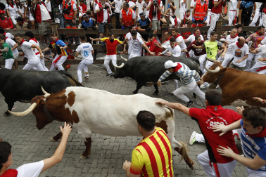 Fotos del séptimo encierro de San Fermín 2026 con toros de Miura en la curva de Telefónica.