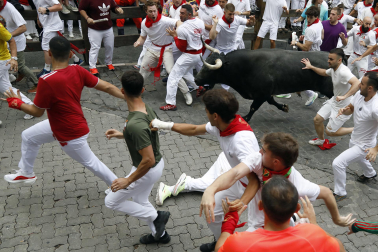 Fotos del séptimo encierro de San Fermín 2026 con toros de Miura en la curva de Telefónica.