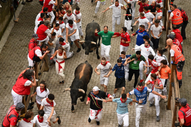 Fotos del séptimo encierro de San Fermín 2026 con toros de Miura en la bajada al callejón.