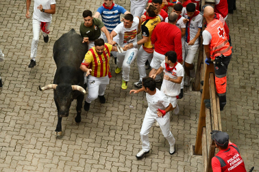Fotos del séptimo encierro de San Fermín 2026 con toros de Miura en la bajada al callejón.
