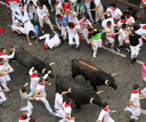 Fotos del séptimo encierro de San Fermín 2026 con toros de Miura en el tramo de Telefónica.
