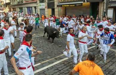 Fotos del octavo encierro de San Fermín 2026 con toros de la ganadería de Jandilla en Mercaderes.