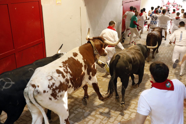 Fotos del octavo encierro de San Fermín 2026 con toros de la ganadería de Jandilla en la bajada al callejón.