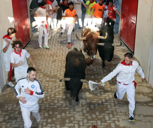 Fotos del octavo encierro de San Fermín 2026 con toros de la ganadería de Jandilla en el callejón.