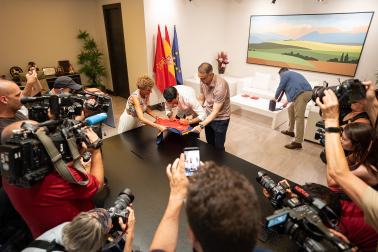 Fotos del recibimiento a Mikel Merino y Javier López Vallejo en el Palacio de Navarra